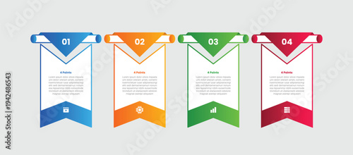 4 points infographic with gradient style with flag badge with creative ribbon badge separated with arrow bottom with 4 elements stages