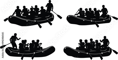 Set of Whitewater Rafting Silhouettes Featuring Teams Paddling Inflatable Boats for Outdoor Adventure Sports and Extreme Water Activity Graphic Design