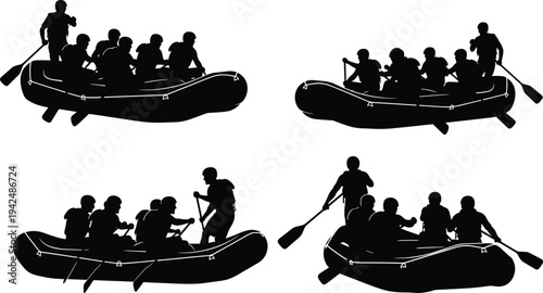 White Water Rafting Team Silhouettes Collection with Group of People Paddling Inflatable Boats for Outdoor Adventure Sports and Team Building