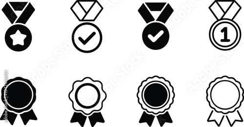 Collection of black and white award medal icons with ribbons check marks and stars for achievement recognition