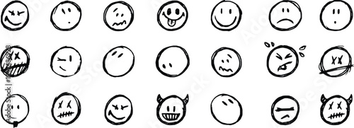 Hand drawn emoji face icons set in simple doodle style. Cute emotion symbols with different moods for messaging, apps, and social design. Minimal smiley illustration collection for vector graphics 