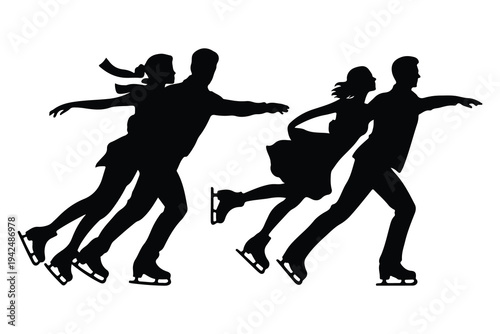 Black silhouettes of four people ice skating in pairs
