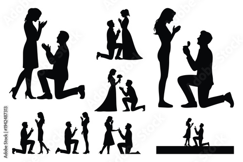 Black silhouettes of men proposing to women in various poses