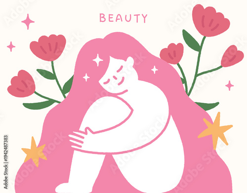 Skin care concept handdrawn illustration with beautiful woman and flowers.