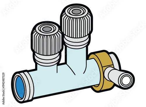 Water pipe fitting with valves on a white background. Plumbing system components, pipe connectors and control valves, industrial and household water supply