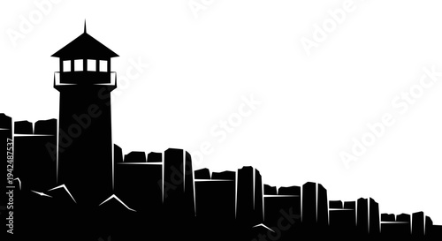 Modern cityscape silhouette with lighthouse tower against white background
