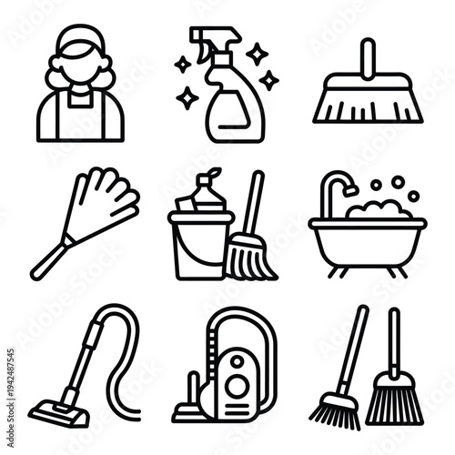 Cleaning tools and supplies set with bathtub vacuum cleaner broom and cleaning person for hygiene and household chores concept