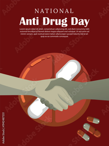 National anti drug day poster featuring a handshake over a large pill, symbolizing unity against substance abuse