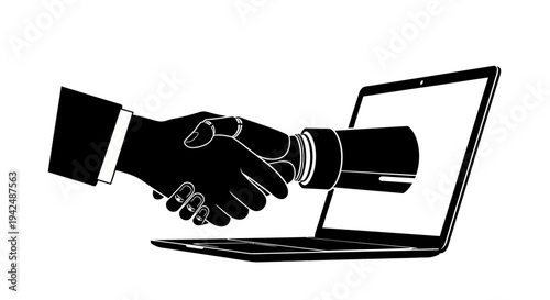Business handshake emerging from laptop screen symbolizing online partnership