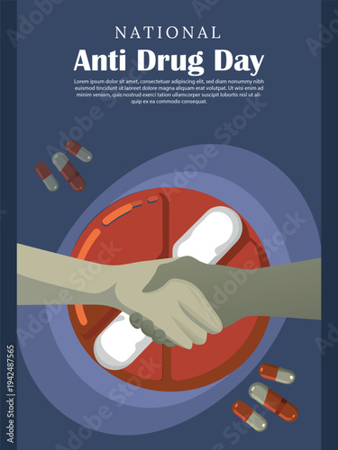 National anti drug day poster featuring a handshake over a large pill, symbolizing unity against drug abuse and addiction