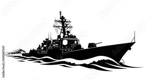 Modern naval warship sailing through rough ocean waters with powerful silhouette