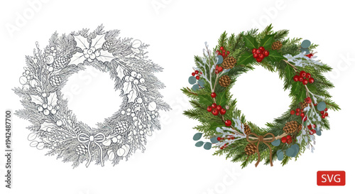 Christmas Wreath Duo: Colorful Decorated and Outline Drawing for Festive Design