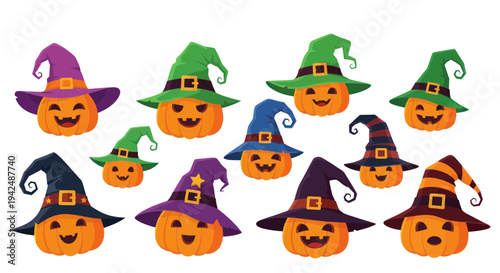 Cute Halloween Pumpkins with Witch Hats, Cartoon Style