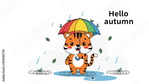 Adorable cartoon tiger holding a colorful umbrella in the rain, with "Hello autumn" text, surrounded by falling leaves and puddles.