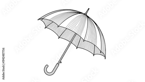 Detailed line art drawing of an open umbrella, showcasing its classic shape and handle, perfect for weather and rain concepts.