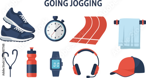 A collection of jogging items shoes timer track lanes towel headphones water bottle watch headset and cap