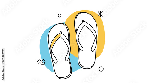 Pair of outlined flip-flops with yellow and blue abstract shapes, representing summer, beach, and leisure activities.