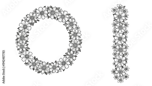 Beautiful monochrome floral wreath and vertical border elements, hand-drawn in delicate line art style, perfect for elegant designs.