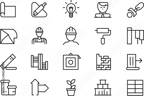 Construction and Home Renovation Icon Set Featuring Architect Tools Builder Helmet Wallpaper Roller Brick Wall and Blueprint Illustrations