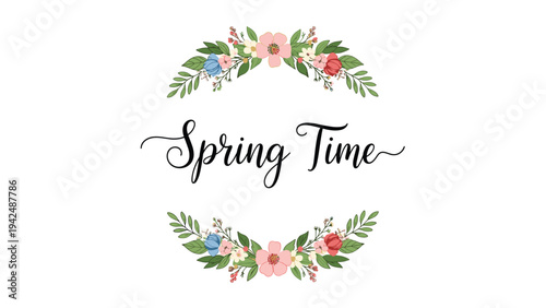 Elegant "Spring Time" calligraphy text adorned with colorful floral arches, symbolizing the beauty and freshness of the spring season.