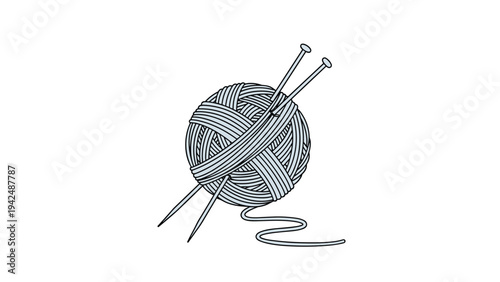 Hand-drawn black and white illustration of a ball of yarn with two knitting needles stuck through it, representing handicrafts and hobbies.