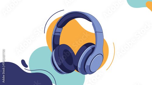 Stylish blue over-ear headphones depicted with swirling orange and light blue abstract shapes, symbolizing music, audio, and modern technology.