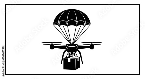 Drone delivering package with parachute in mid air