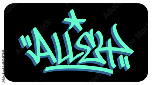 Alley Graffiti Tag Lettering in Vibrant Blue Cyan Neon Style with Star Detail and Handcrafted Outlines for Urban Streetwear.