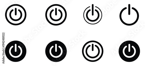 Power, button icon set featuring line and solid styles for device control, electronic switch symbols, modern flat vector illustration collection for apps, websites, gadgets, and user interface
