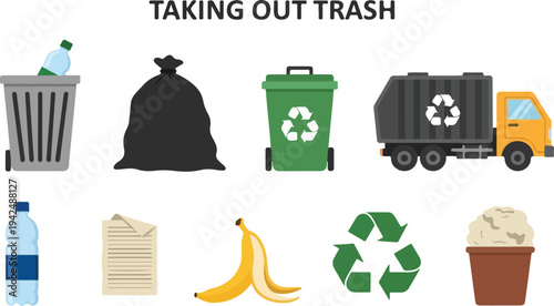 A diagram depicting objects associated with waste disposal Includes trash bins bags a truck and waste items