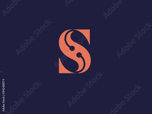 A stylized letter S in a vibrant shade of coral on a dark background
