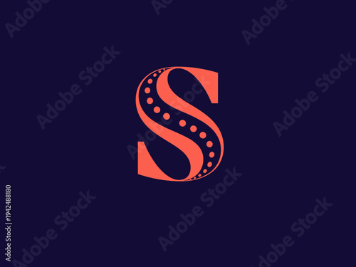 A stylized letter S in vibrant coral and dark blue with dotted pattern on dark background