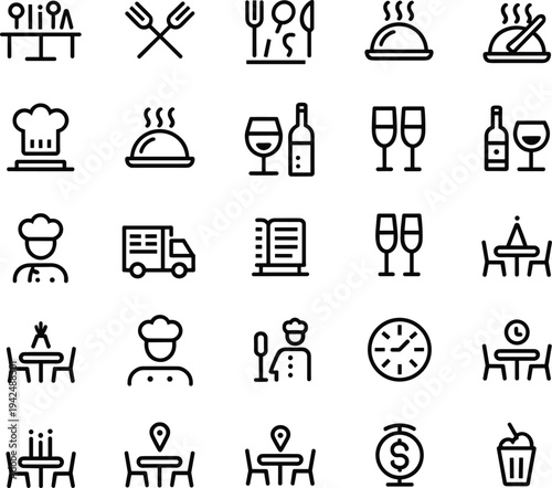 Restaurant and Dining Icon Set Featuring Chef Wine Glass Food Delivery Table Setting and Culinary Service Vector Illustrations