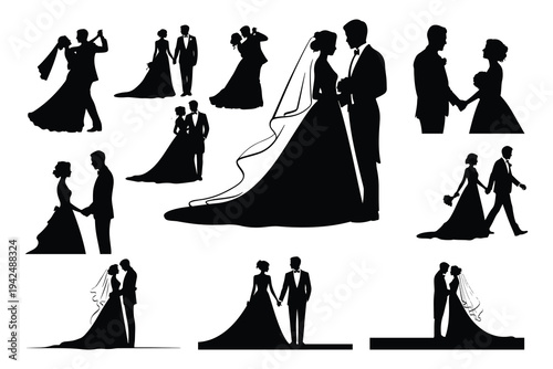 Black silhouettes of wedding couples in various poses