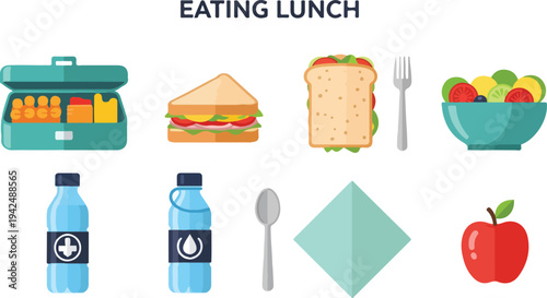 A graphic depicts lunch items sandwich salad water bottles apple lunchbox fork spoon and napkin