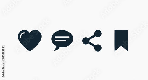 Social Media Interaction Icons Set with Like, Comment, Share and Bookmark Symbols for Digital Engagement, Online Content Actions and User Interface Design, Minimal Vector Graphic