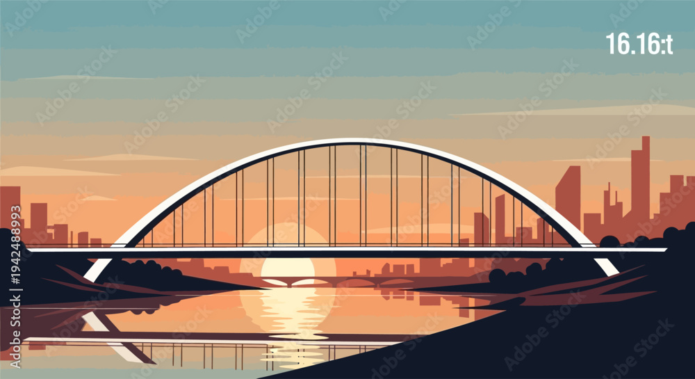 Obraz premium Modern arch bridge at sunset over river with city skyline