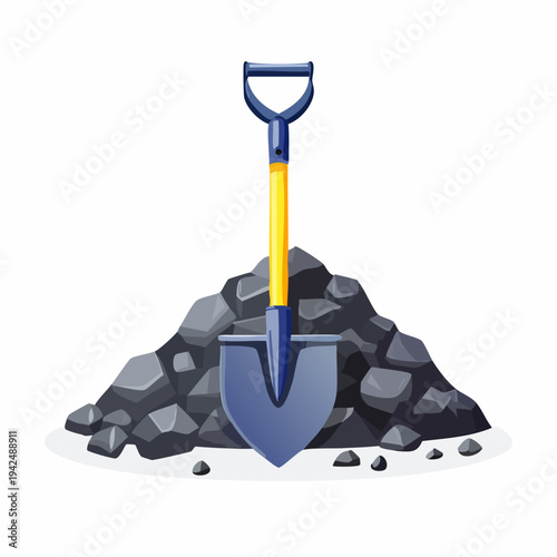 Schilderij op canvas Mining shovel in heap of black coal illustration