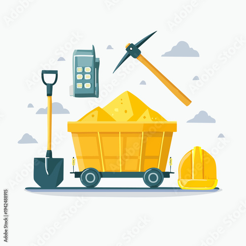 Mining tools, gold ore cart, hard hat, and communication device