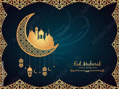 Eid Mubarak festival background | Traditional Islamic background with golden frame| Elegant colourful background with mandala water mark | Celebration card demo on gradient background