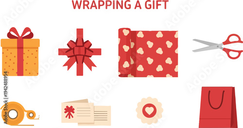 A graphic featuring elements for wrapping gifts Includes a gift box ribbon wrapping paper scissors tape cards and a gift bag