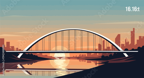 Modern arch bridge at sunset over river with city skyline