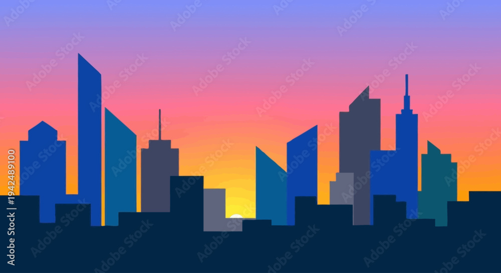 Fototapeta premium Modern city skyline silhouette against colorful gradient sky at sunrise
