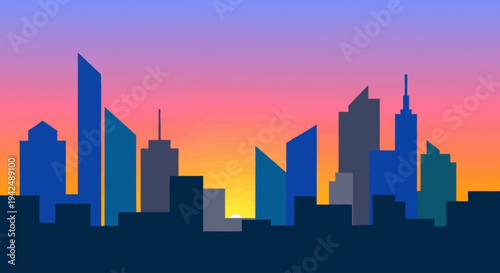 Modern city skyline silhouette against colorful gradient sky at sunrise