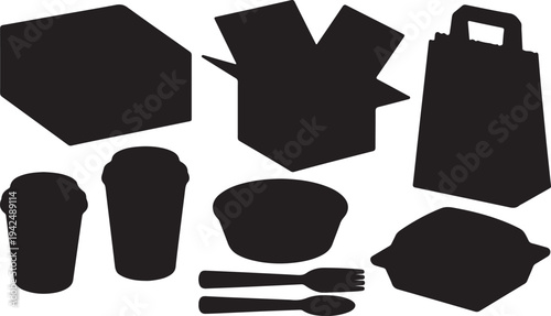 Collection of takeout food packaging and disposable container silhouettes for delivery services