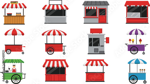 Cute Cartoon Street Food Carts Collection Various Kiosks Vendors Ice Cream Coffee Flat Illustration for Summer Festival Designs, Urban Market Clipart, Food Truck Graphics, and Vector Collections