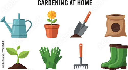 A graphic featuring gardening tools watering can flower pot trowel soil bag seedling gloves rake and boots