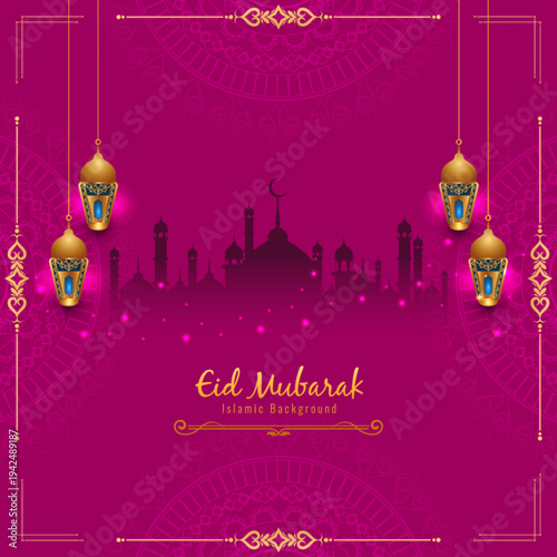 Eid Mubarak 3d ornament background design | Traditional Islamic background with glitters | Elegant abstract background with mandala water mark | Celebration card demo on gradient Hot Rose background