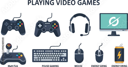 A graphic featuring gaming equipment icons controllers headset monitor joystick keyboard mouse and energy drink