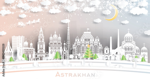 Astrakhan. Russia. Winter city skyline in paper cut style with snowflakes, moon and neon garland. Christmas and new year. Santa Claus on sleigh. Astrakhan cityscape with landmarks.